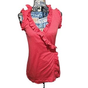 MNG Mango Coral Red Cotton Frill Sleeveless Tank Wrap Top Blouse Large NWT